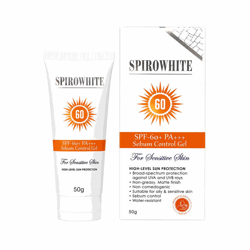 Spirowhite SPF 60+ PA+++ sunblock gel tube for oily and acne-prone skin