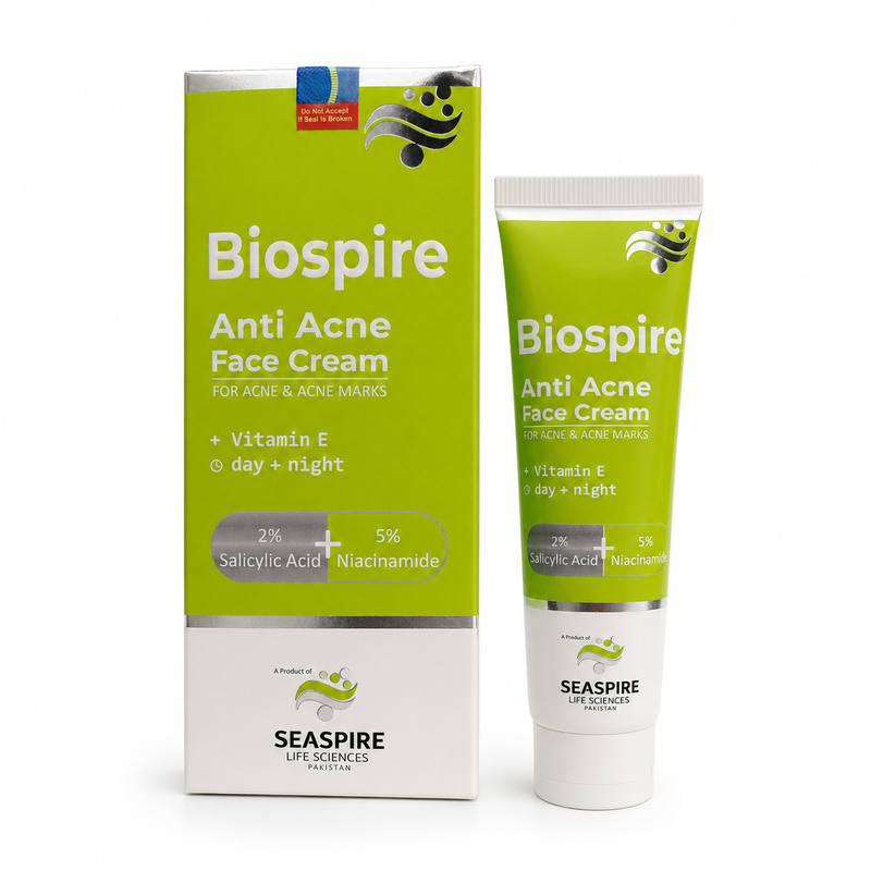 Biospire Anti-Acne Cream tube with 2% salicylic acid and 5% niacinamide