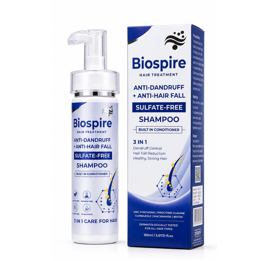 Biospire sulfate-free anti-dandruff and anti-hair fall shampoo bottle with biotin