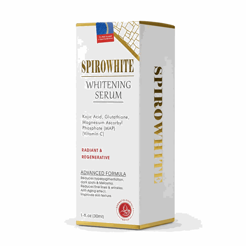 Spirowhite Whitening Serum bottle with kojic acid, glutathione and vitamin C for dark spots